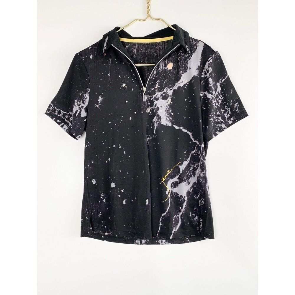 JAMIE SADOCK Black Marble Splatter Short Sleeve Collared Golf Shirt Womens Sz M